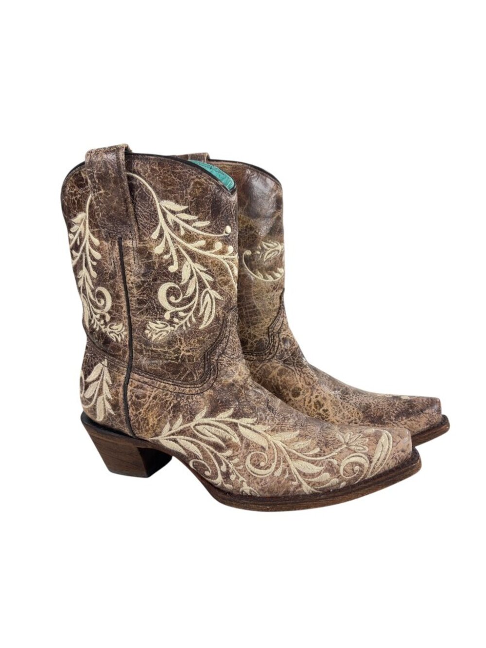 Corral Floral Embroidery Western Booties Womens 7.5 M Tan Distressed Leather